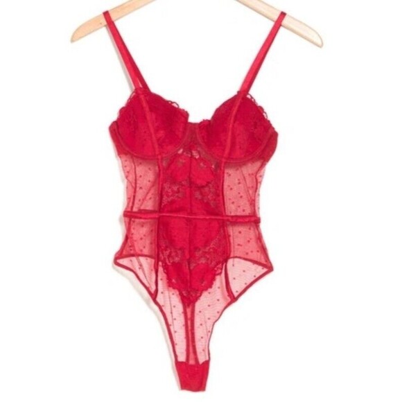 Honeydew Intimates Louisa Lace Dot Mesh Teddy Bodysuit In Vixen Red Sz M New WOT - Picture 2 of 9